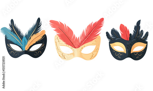 Colorful Masquerade Party Masks with Feathers, Carnival Festival Costume Design Set