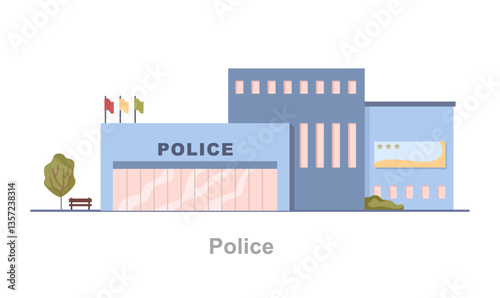 Police station for officers and staff. Vector flat cartoon style, isolated exterior of municipal building facade. Front view of house with flags and landscape design. Law and order in town