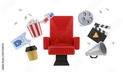 Cinema entertainment and leisure activity. Vector in 3d style, isolated red chair for audience, popcorn bucket and film reel strip, coffee to go and snacks. Clapper and megaphone, ticket