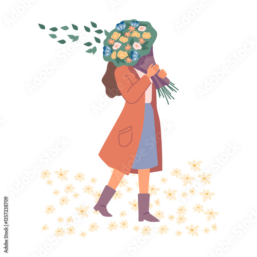 Female personage holding and carrying bouquet of blooming flowers. Vector flat cartoon character, isolated woman with present for special holiday or occasion. Lady with gift, floral design