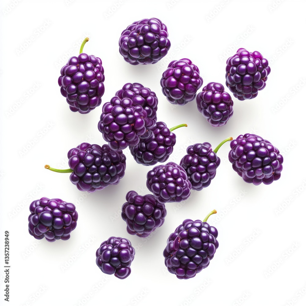 a falling cluster of bright purple mulberries with delicate textures isolated on white background, full depth of field a falling cluster of bright purple mulberries with delicate textures isolated on white background, full depth of field