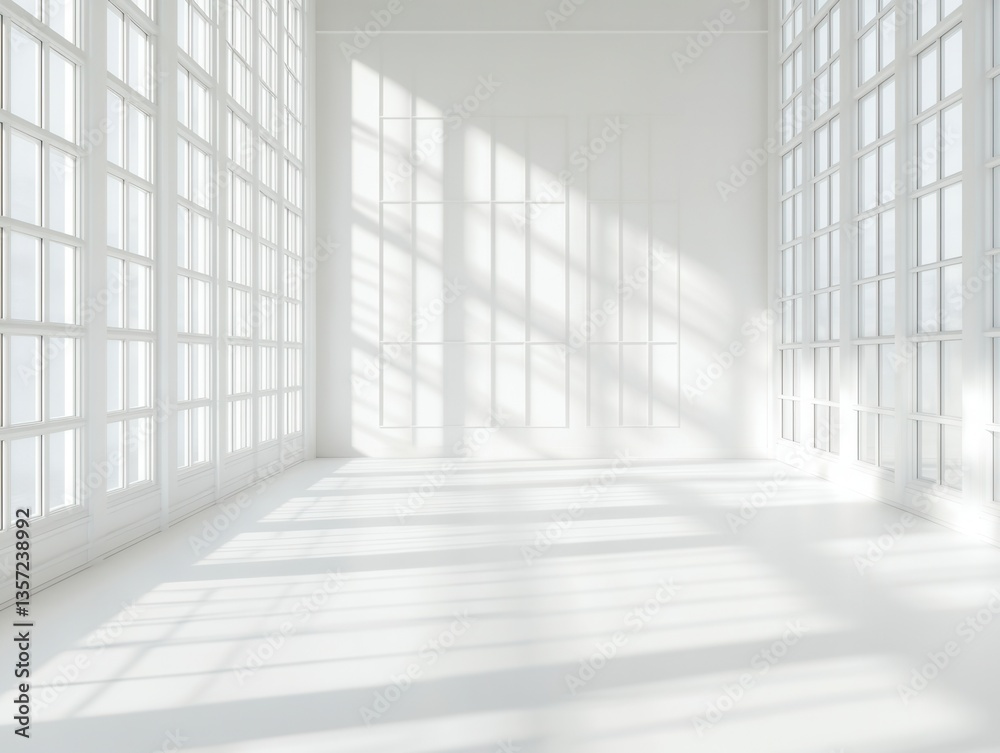 Obraz premium Bright white interior with large windows and rule of thirds composition, with space for text above