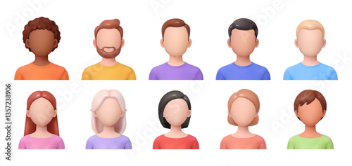 Portraits and avatars making. Vector isolated 3d, set of characters faces with no features. Blank expression of men, women and children. Social media and metaverse pictures for accounts