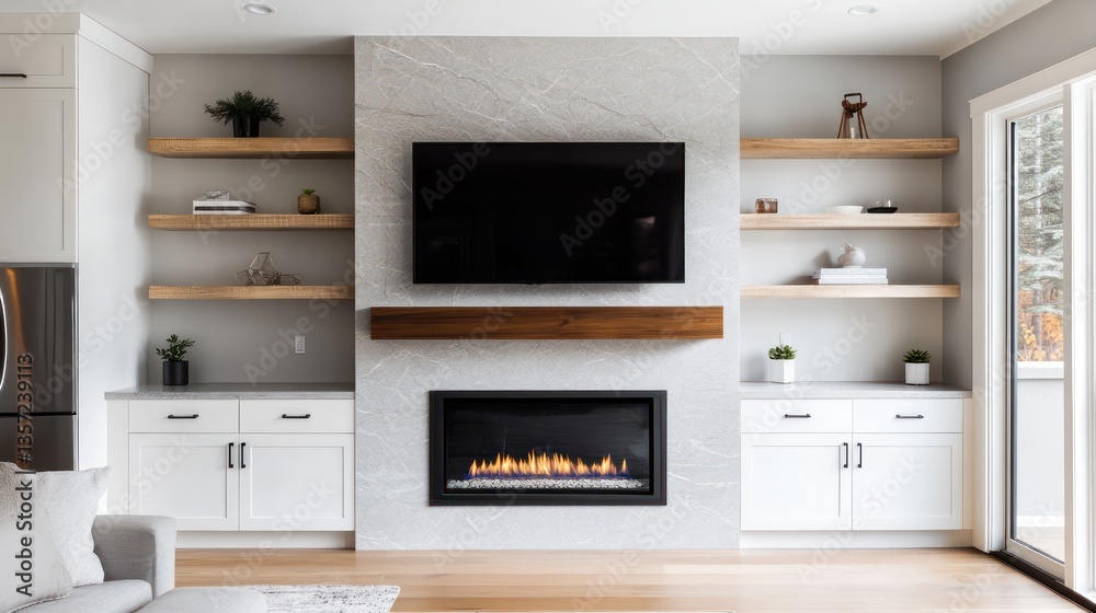 Fototapeta premium A bright living room with a fireplace framed by sleek white cabinets and floating shelves
