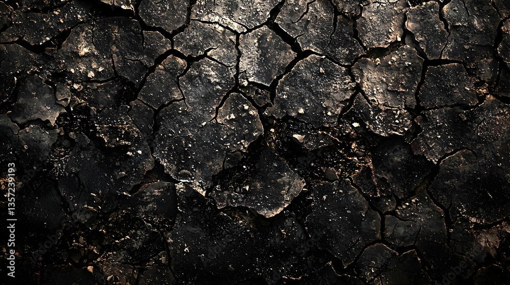 Dried, cracked earth. Dark, textured surface. Severe drought Dried, cracked earth. Dark, textured surface. Severe drought