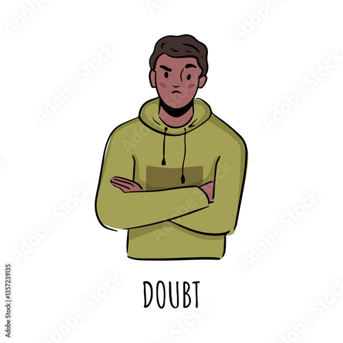 Doubt emotion, isolated male personage showing uncertainties and doubtful thoughts. Vector flat cartoon character, hesitation or indecision expression on face of guy. Boy raising brows