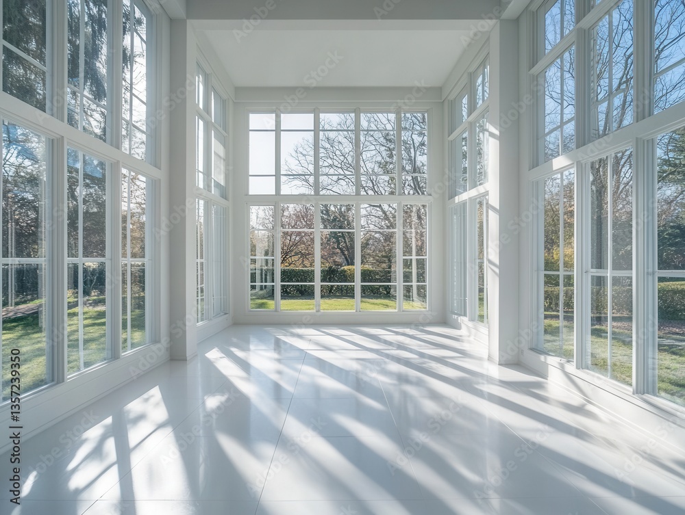 Bright white interior with large windows and rule of thirds composition, with space for text above