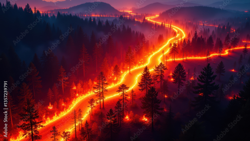 A panoramic view at night of a forest fire with flames engulfing trees. A panoramic view at night of a forest fire with flames engulfing trees.