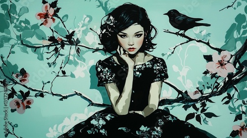 Girl, Birds, Floral, Teal Background