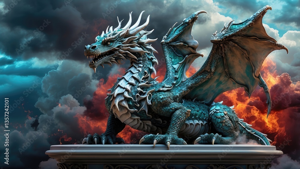 Obraz premium A detailed sculpture of a dragon coiled on a circular platform