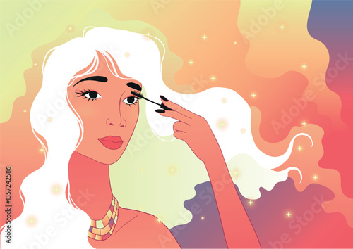 Woman Applying Makeup Under Stars, maskara, retro vibes, vaporwave style, nistalgic cartoon style