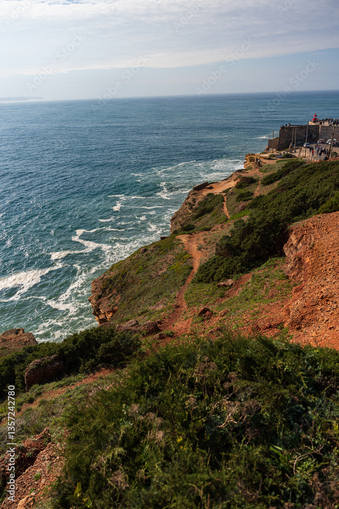 Landscape of the resort of Nazare on the shores of the Atlantic Bay in Portugal