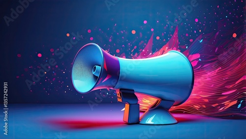 Digital illustration of a megaphone made out of blue and red glowing lines and dots