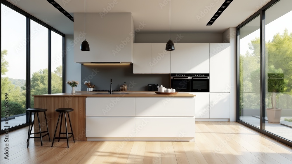 Fototapeta premium Modern White Kitchen Interior With Island