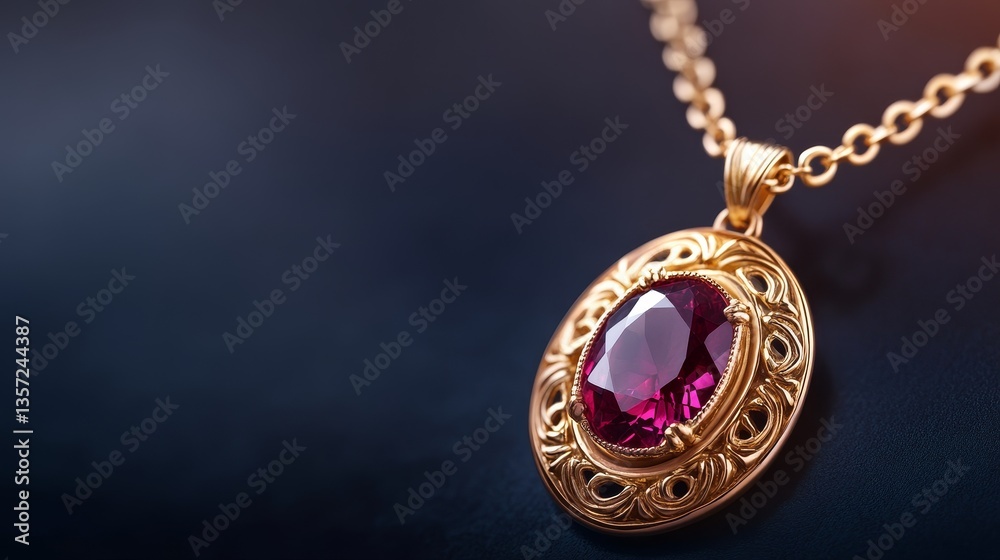 Elegant gold necklace with a large ruby pendant, displayed against a dark backdrop, showcasing craftsmanship Elegant gold necklace with a large ruby pendant, displayed against a dark backdrop, showcasing craftsmanship