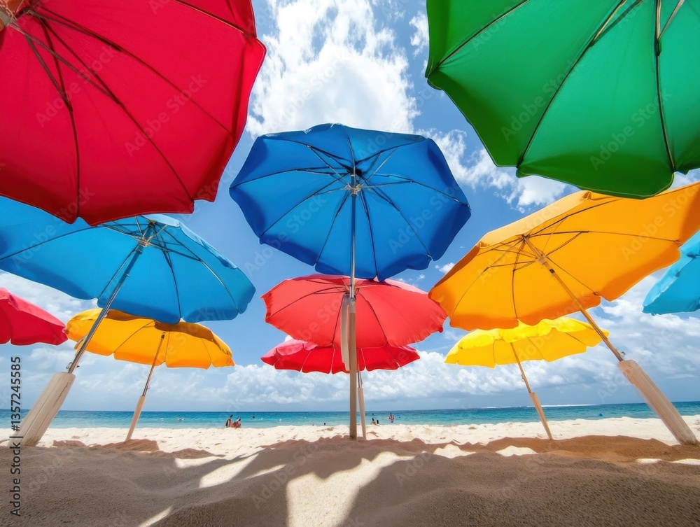 Vibrant beach umbrellas with space for text below Vibrant beach umbrellas with space for text below