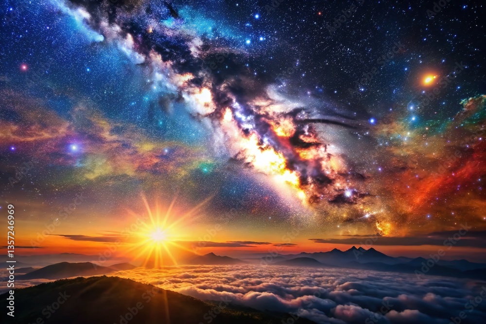 Fototapeta premium Majestic Sun in Cosmic Vista: Night Sky Starry Space Background