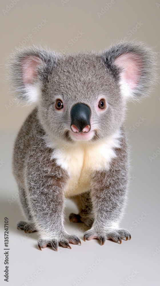 Fototapeta premium Adorable Baby Koala Portrait Fluffy Gray Fur, Light Gray Background
