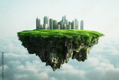 3D Illustration of Floating Island with City Building and Flying Green Grass Field Landscape