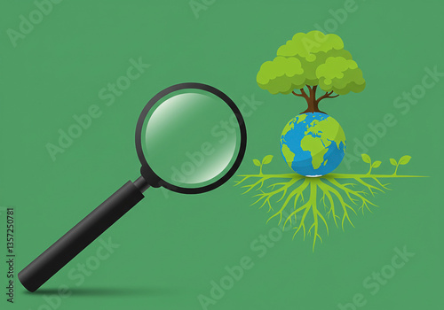 A high-resolution close-up of a glass magnifier holding a miniature Earth with realistic tree roots growing out, vibrant green background, soft natural lighting, minimalist flat design, 8K ultra-detai