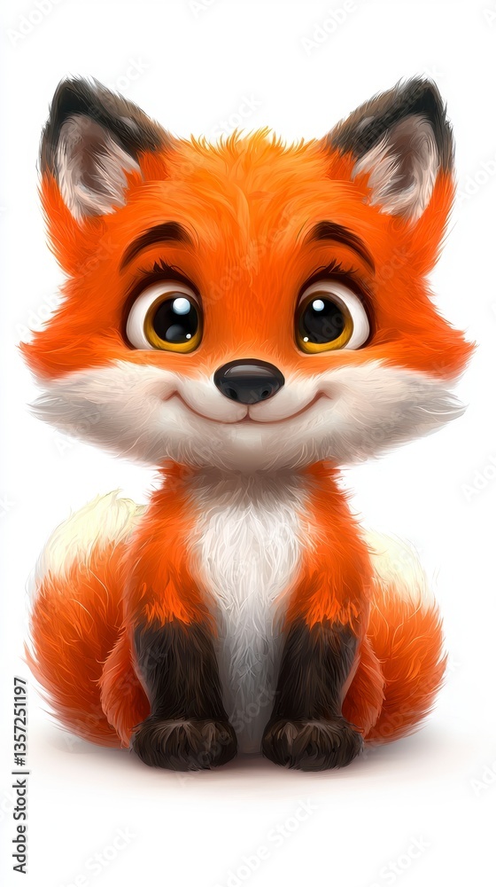 Obraz premium Adorable Orange Cartoon Fox with Large Eyes Sitting on White Background