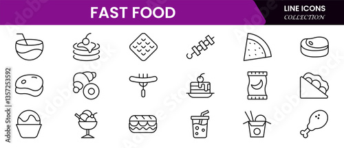 Fast food web icon set in line style. Pizza, chips, burger, french fries, hot dog, collection. Vector illustration.