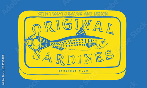 Seafood t shirt design. Sardines fish artwork for t shirt print, poster, sticker and other uses. Original sea food. Canned fish artwork. Fish vintage artwork.
