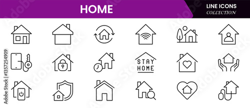 House or Real estate icon set. It contains the house, key, buy, sell, loan, smart home, building, mortgage, address, renovation, land, kitchen, bedroom, living room, and bathroom. vector collection