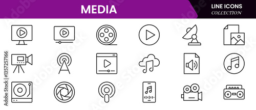Set of line icons related to media, social networks, public media, journalism, communication, and networking. Outline icon collection. Vector illustration