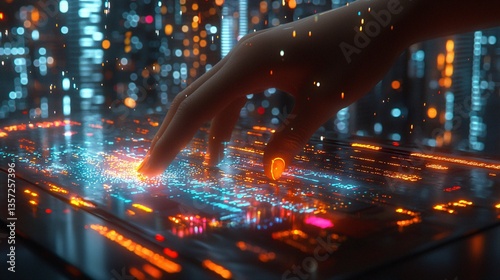 Futuristic Hand Touching Digital Interface with Glowing Data Streams