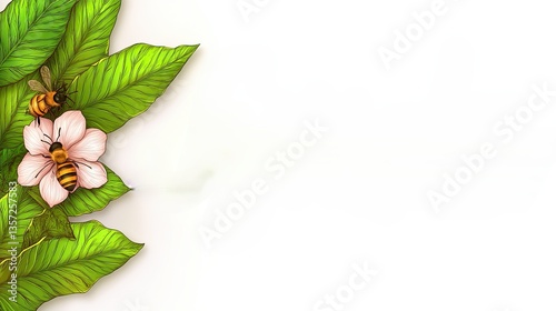 Hand-Drawn Spring-Themed Doodles and Borders blossoms, bees, leaves, Line Art style, Artistic illustration of bees and flowers on green leaves. Spring Overlay Set