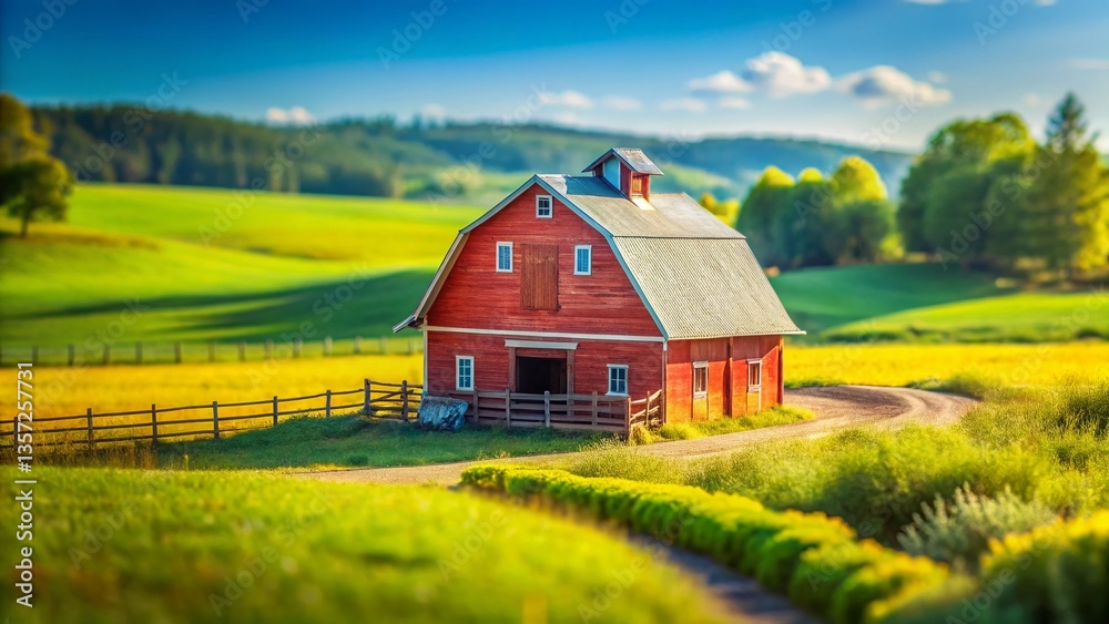 Obraz premium Miniature Rustic Design Barn, Charming Countryside Workshop, Tilt-Shift Photography