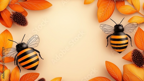 Hand-Drawn Spring-Themed Doodles and Borders blossoms, bees, leaves, Line Art style, Colorful bees surrounded by vibrant autumn leaves design. Spring Overlay Set