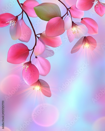 Light and Airy Spring Sunshine Glow Overlays natural light flares, Line Art style, Delicate pink leaves create a dreamy background with soft lighting. Spring Overlay Set