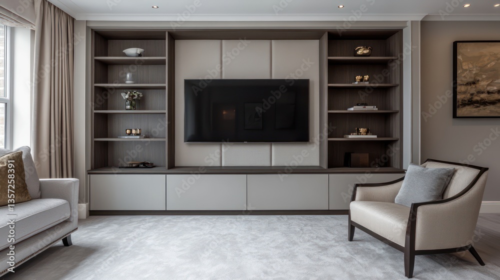 A chic modern living room with a wall-mounted oversized TV and built-in shelves A chic modern living room with a wall-mounted oversized TV and built-in shelves