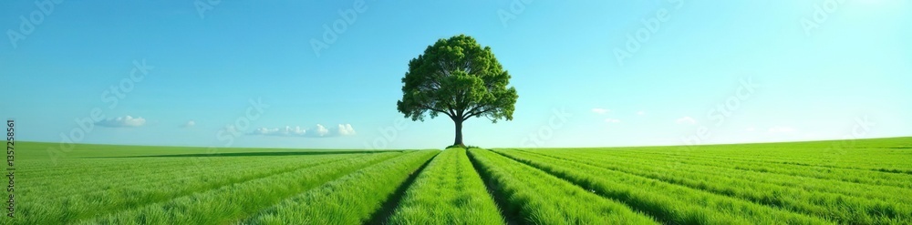 Fototapeta premium A solitary tree stands tall in the middle of a neatly cultivated field under a clear blue sky, symbolizing strength and resilience, solitary, clear sky