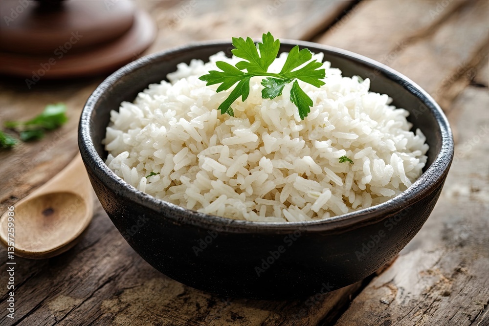 Fluffy white rice in rustic black bowl on weathered wooden table with parsley. Restaurant menu design, culinary blog content, organic food promotions. Fluffy white rice in rustic black bowl on weathered wooden table with parsley. Restaurant menu design, culinary blog content, organic food promotions.