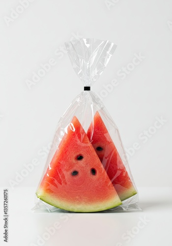 Fresh Watermelon Slices in Clear Plastic Bag Ready to Eat photo