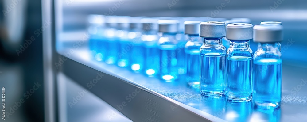 A series of blue vials are lined up on a shelf, showcasing a clean, clinical environment, suggestive of a laboratory or pharmaceutical setting. A series of blue vials are lined up on a shelf, showcasing a clean, clinical environment, suggestive of a laboratory or pharmaceutical setting.