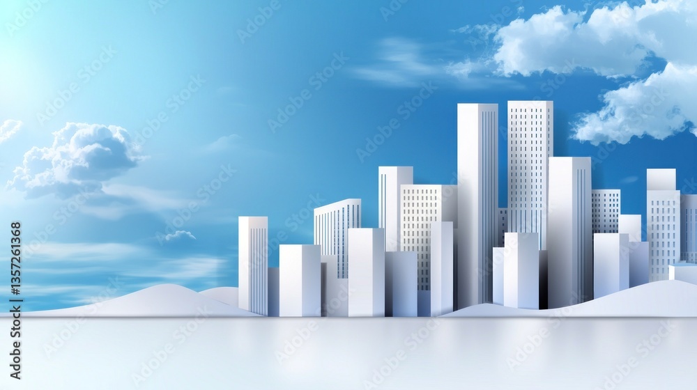 Modern city skyline with sleek skyscrapers under a bright blue sky and fluffy clouds Modern city skyline with sleek skyscrapers under a bright blue sky and fluffy clouds