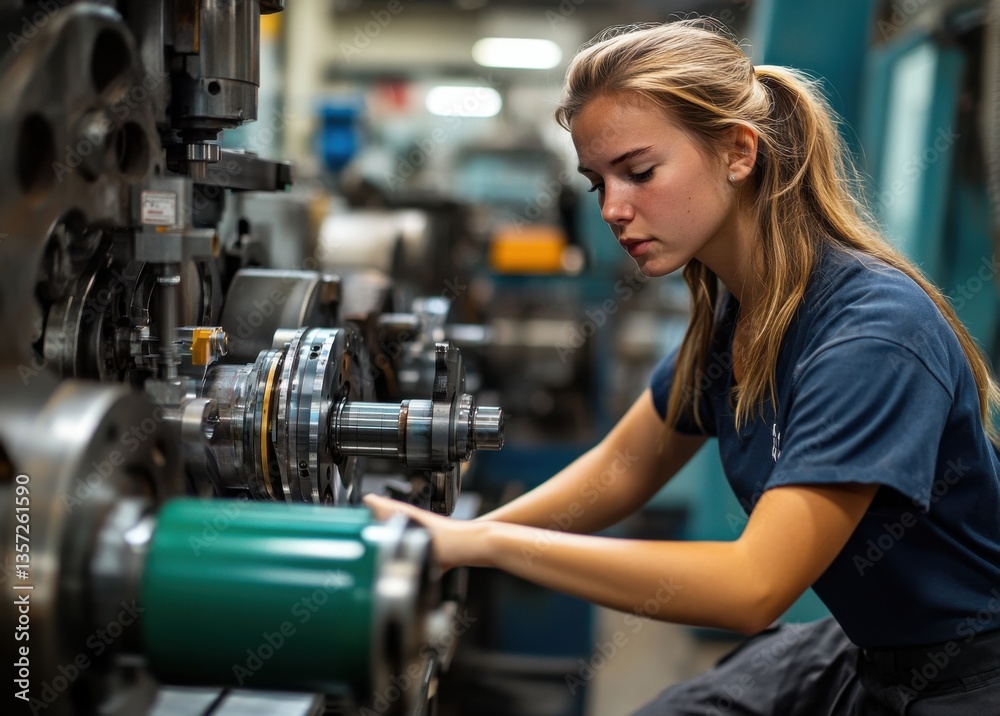 Fototapeta premium Young technician working with precision equipment in an industrial workshop