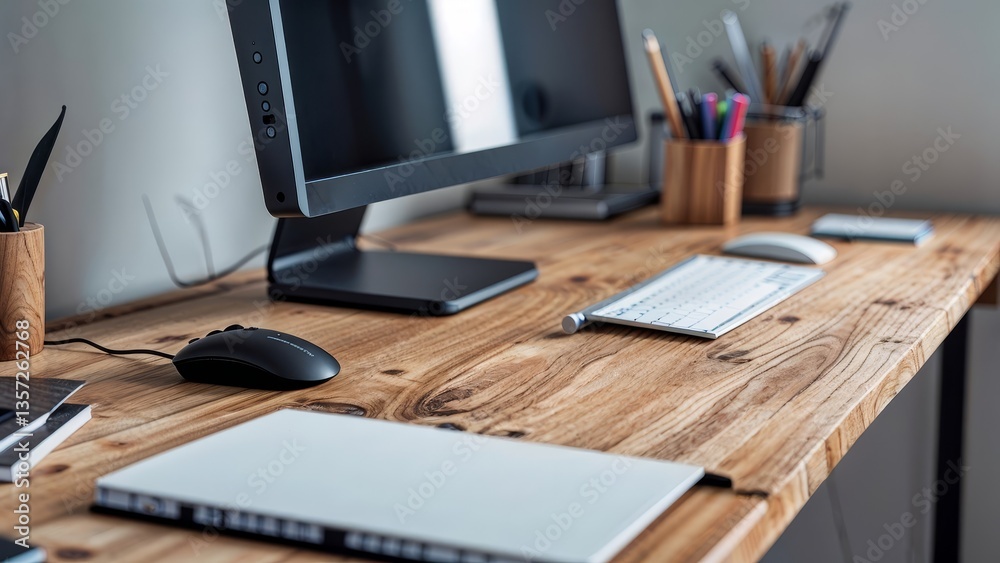 Minimalistic Office Desk with Computer Mouse, Keyboard, and Stationery Minimalistic Office Desk with Computer Mouse, Keyboard, and Stationery