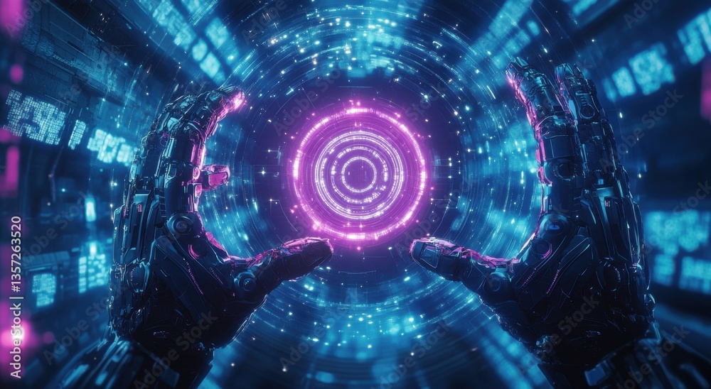 Fototapeta premium Futuristic robotic hands interacting with glowing holographic digital interfaces