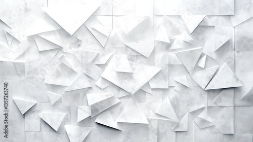 Abstract white background with texture pattern, layered geometric triangle shapes, white and grey glossy squares abstract tech banner design