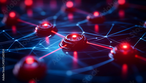 Abstract digital network with glowing red nodes connected by lines, symbolizing modern communication and data transfer.