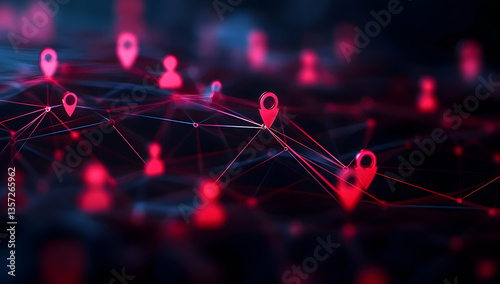 Abstract digital network with location markers and connections in red, representing connectivity and communication in modern technology.
