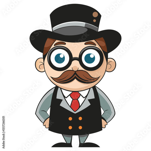 Cartoon Man, Top Hat, Mustache, Suit, Glasses, Red Tie, Quirky, Eccentric Style