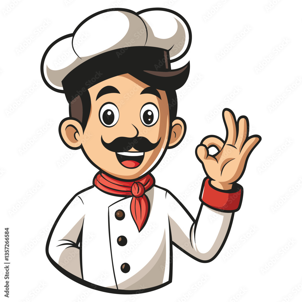 Cheerful Cartoon Chef with Moustache, Red Scarf, Wearing Hat Shows OK Gesture