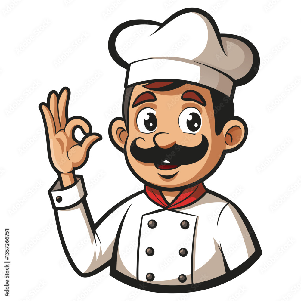 Smiling Cartoon Italian Chef with Okay Gesture, Moustache, Uniform on a White BG Smiling Cartoon Italian Chef with Okay Gesture, Moustache, Uniform on a White BG