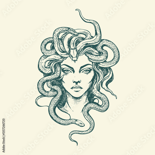 Beautiful and Detailed Medusa Face in Artistic Vector Style